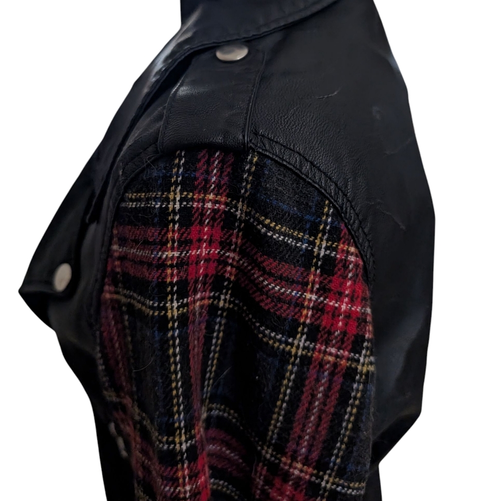 FREE! Faux Leather Jacket With Plaid Sleeves - Picture 7 of 10